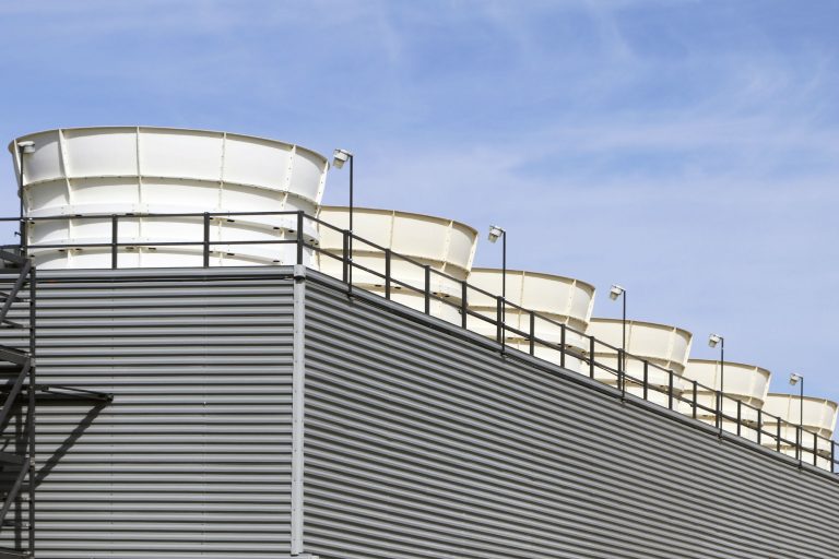 Row of cooling tower cells on a power plant