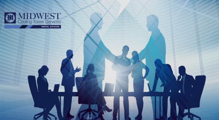 Business meeting silhouettes with the Midwest Cooling Tower Services logo