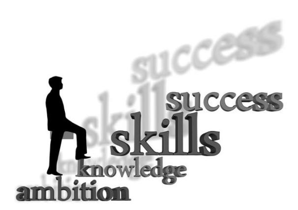 Illustration of a figure climbing steps labeled ambition, knowledge, skills and success
